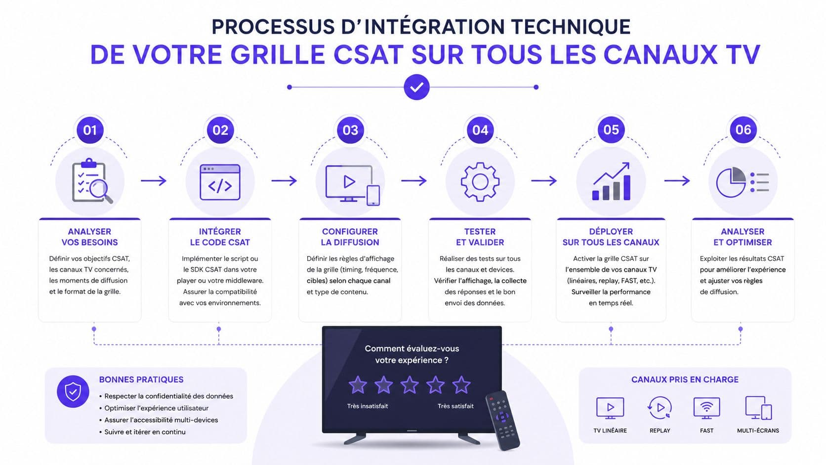 Schéma illustrant le processus d'intégration technique d'une grille CSAT sur différents types de canaux de télévision.
