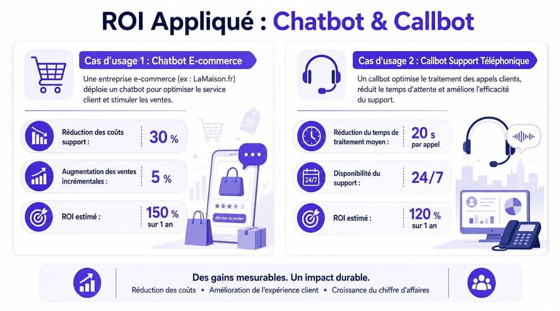 Infographie montrant le retour sur investissement des chatbots et callbots pour optimiser le service client et les ventes.