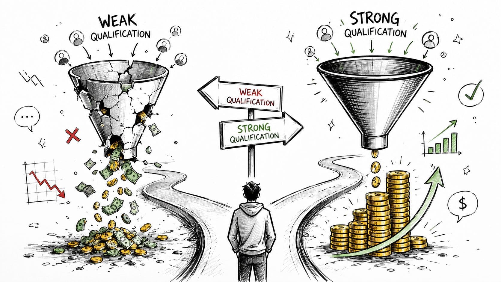 Illustration illustrant la différence entre une faible et une forte qualification des prospects pour la croissance commerciale.