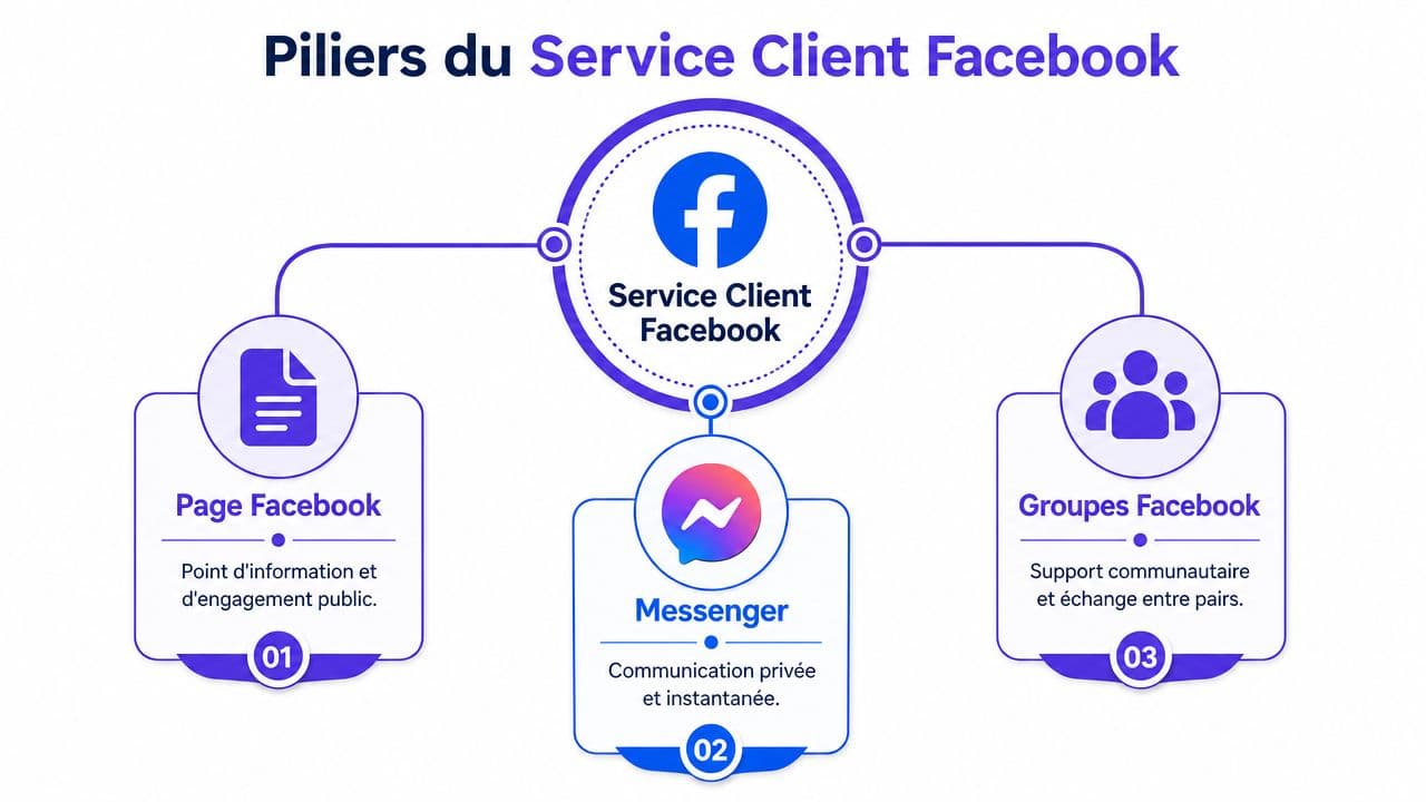Un schéma illustrant les trois piliers du service client Facebook : les pages, Messenger et les groupes communautaires.