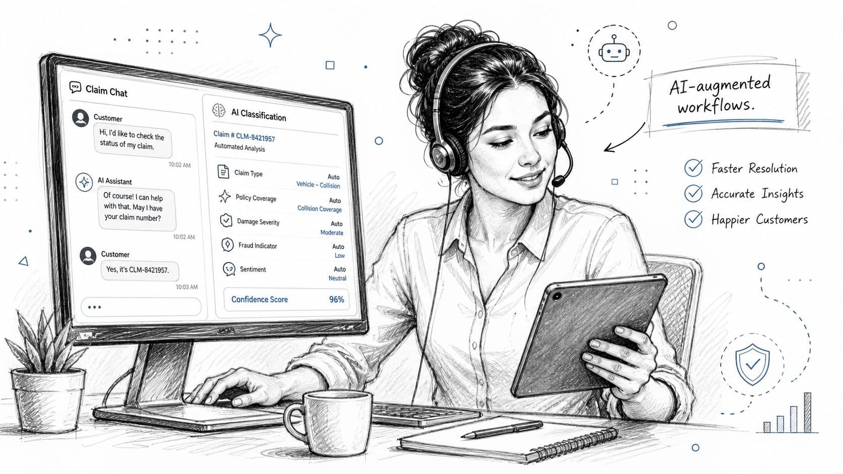 Une agente de centre d'appels utilisant une interface d'IA pour analyser rapidement les réclamations d'assurance en direct.