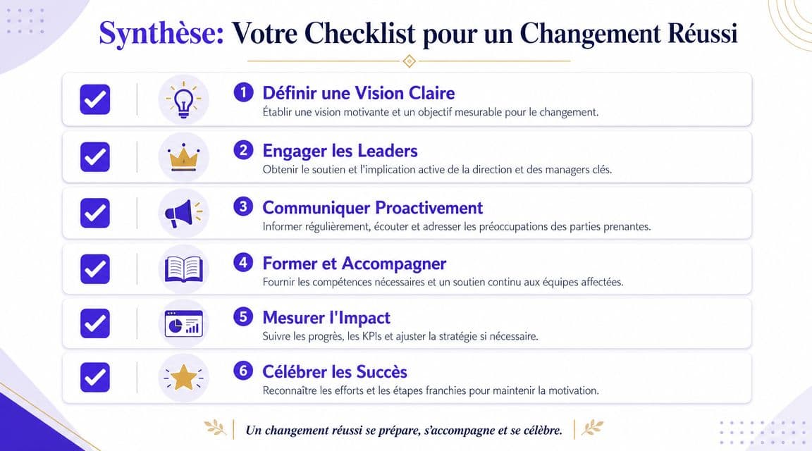 Une checklist illustrée en six points clés pour réussir la conduite et la gestion du changement en entreprise.