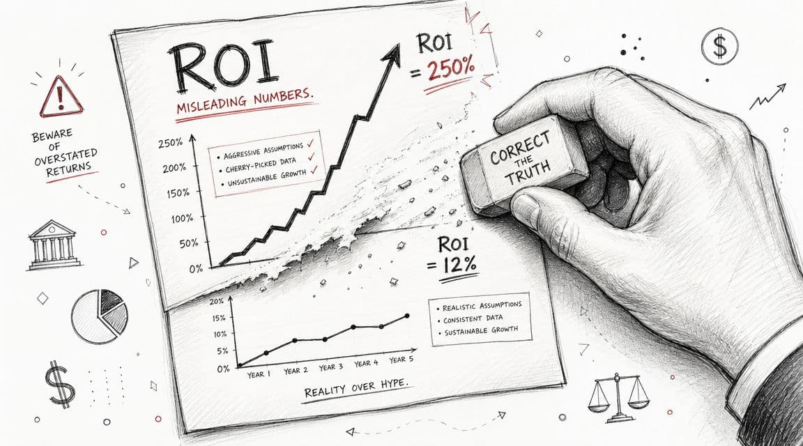 Une main effaçant un graphique financier exagéré pour révéler une réalité plus modeste et plus durable.