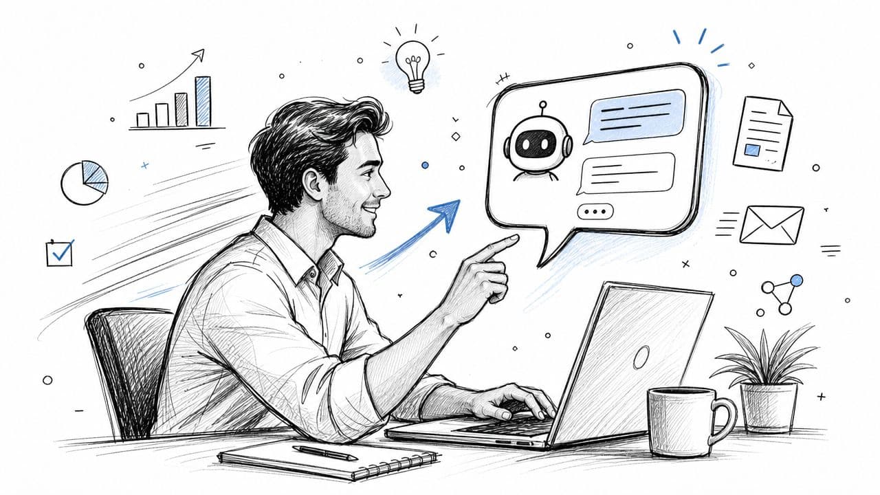 Un homme d'affaires souriant utilise un ordinateur portable pour interagir avec une intelligence artificielle sous forme de chatbot.
