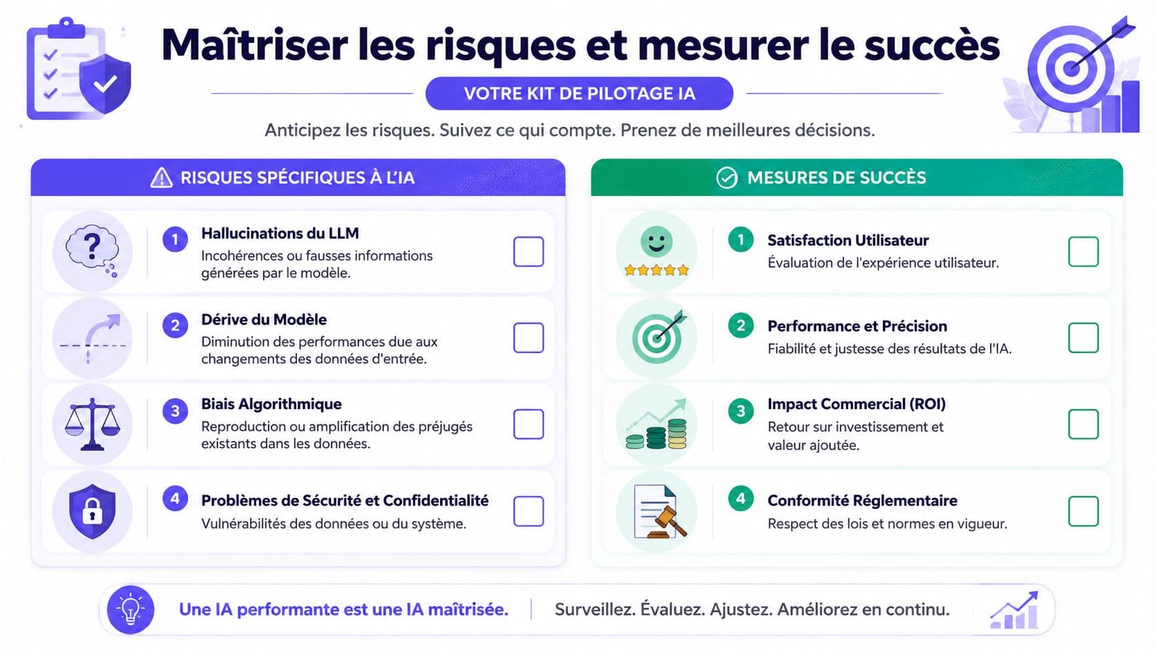 Tableau comparatif illustrant les risques de l'intelligence artificielle face aux mesures de succès pour un pilotage efficace.