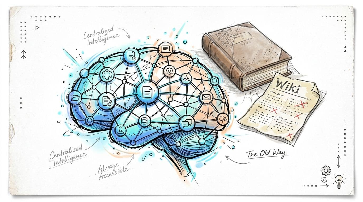 Une illustration conceptuelle opposant une intelligence centralisée moderne en forme de cerveau à un ancien wiki obsolète.
