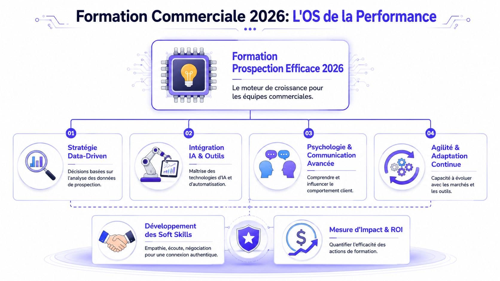 Infographie illustrant les quatre piliers de la formation en prospection commerciale performante à l'horizon 2026.