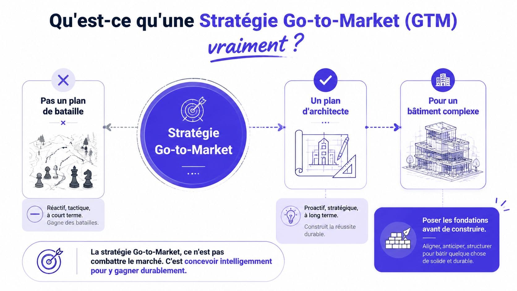 Une infographie expliquant qu'une stratégie Go-to-Market efficace est un plan d'architecte structuré plutôt qu'un plan de bataille.