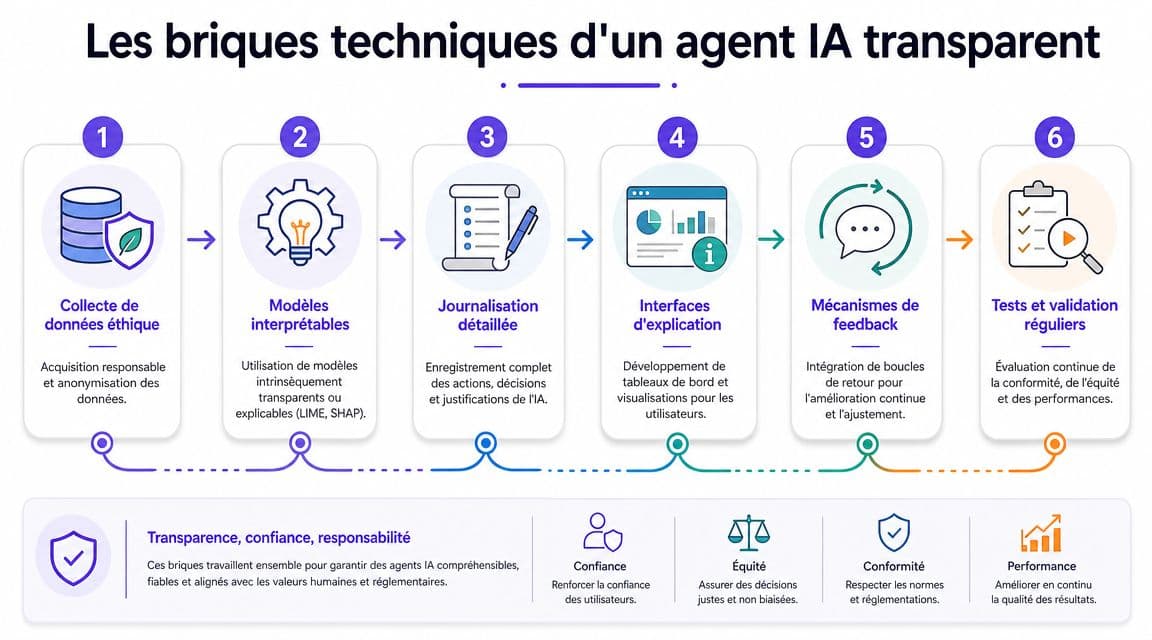 Infographie illustrant les six étapes clés pour concevoir des agents d'intelligence artificielle transparents, fiables et responsables.