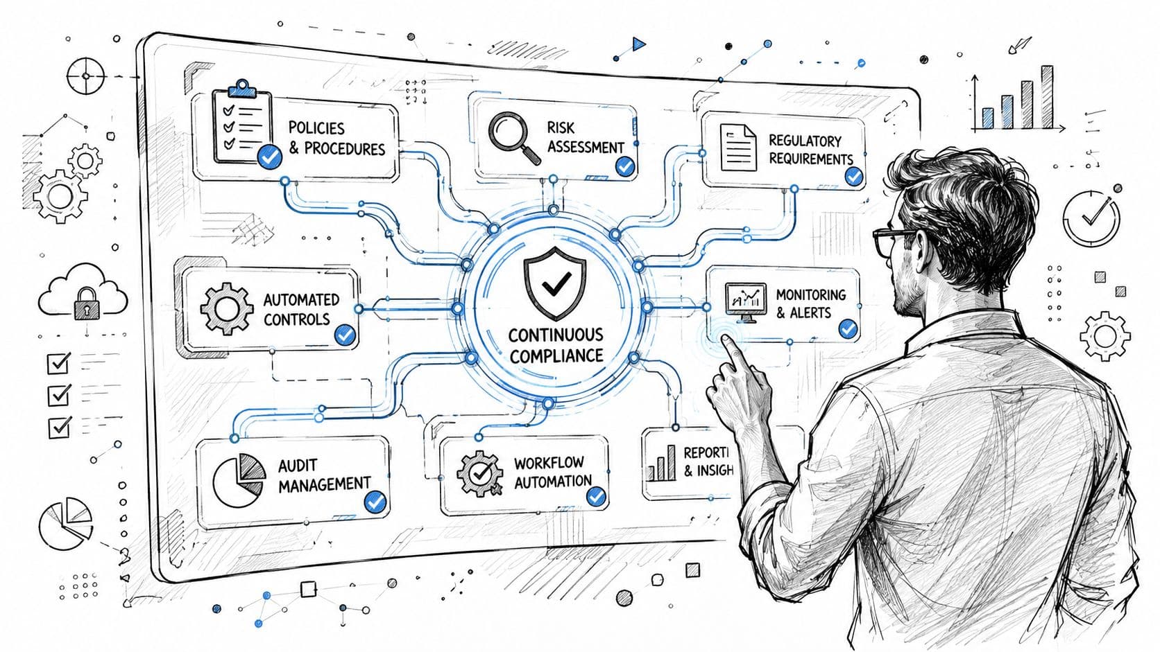Homme d'affaires interagissant avec un tableau de bord numérique illustrant les concepts de conformité continue et automatisée.