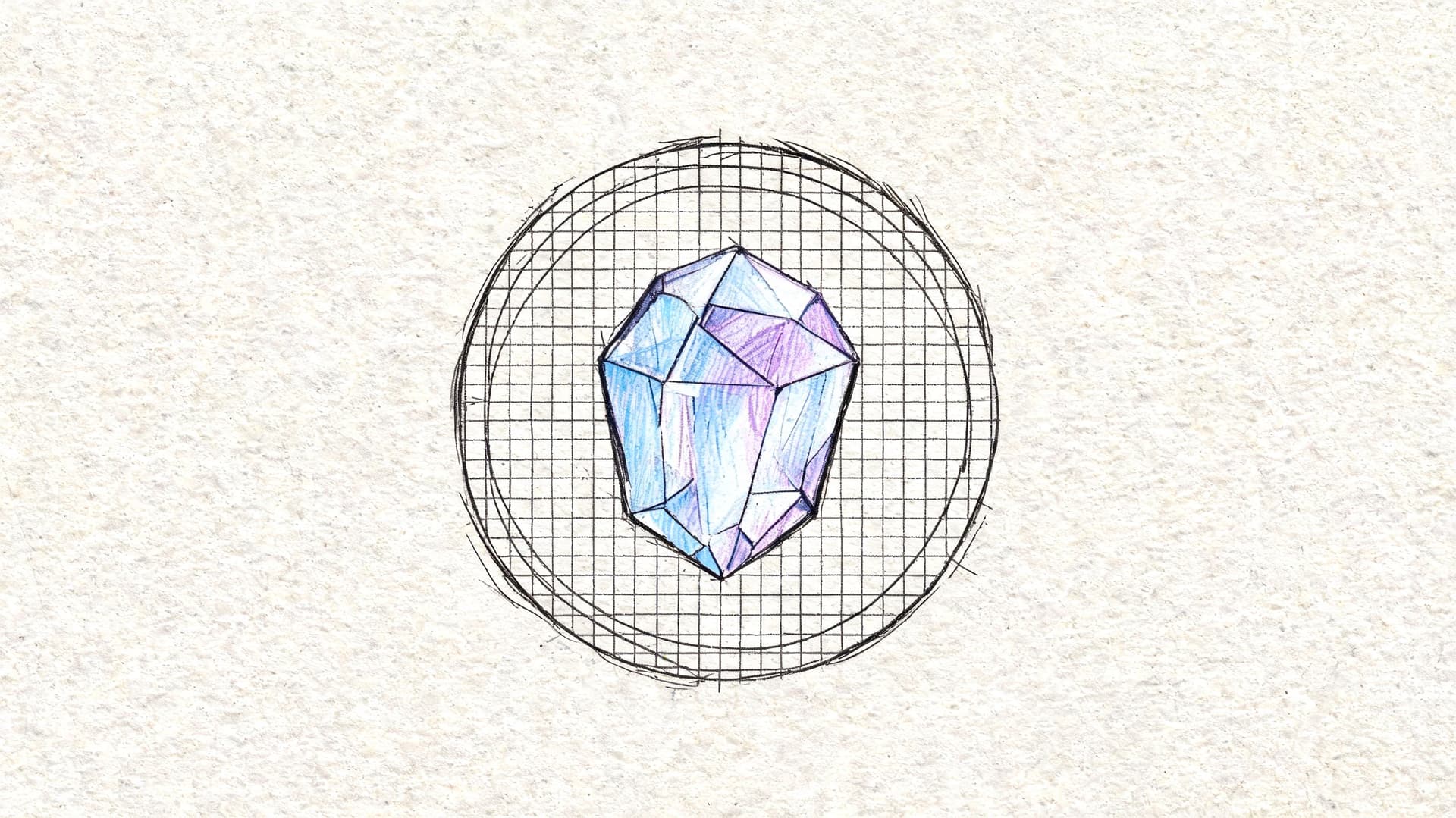 Un dessin au crayon d'un cristal bleu et violet positionné au centre d'une grille circulaire.
