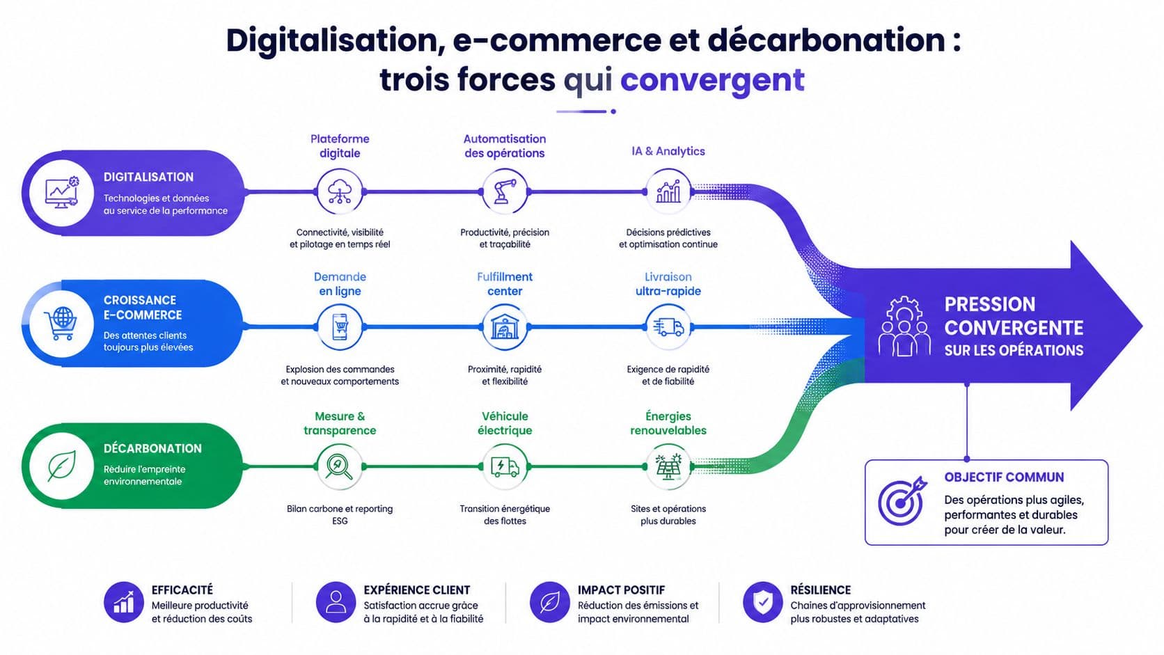 Schéma illustrant la convergence entre la digitalisation, l'e-commerce et la décarbonation pour optimiser les opérations logistiques.