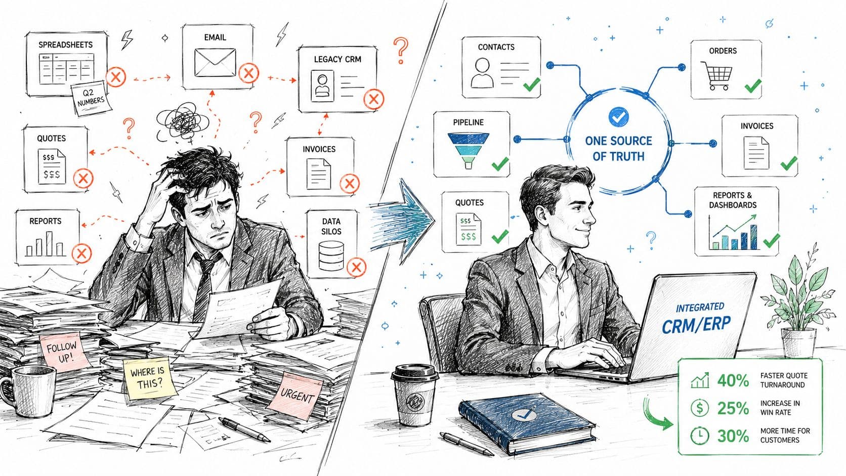 Une comparaison illustrée montrant les défis de la gestion de données dispersées face à une intégration CRM ERP efficace.