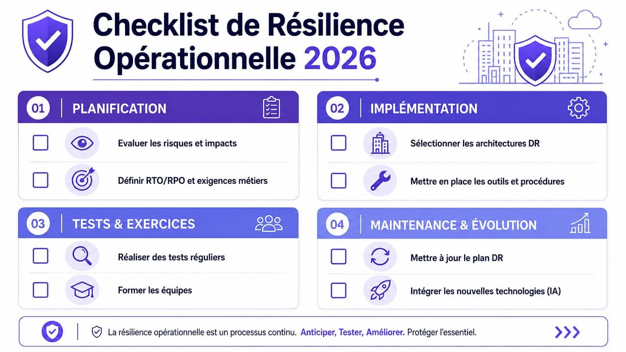 Une checklist illustrée sur la résilience opérationnelle pour 2026, détaillant les étapes clés de planification et de maintenance.