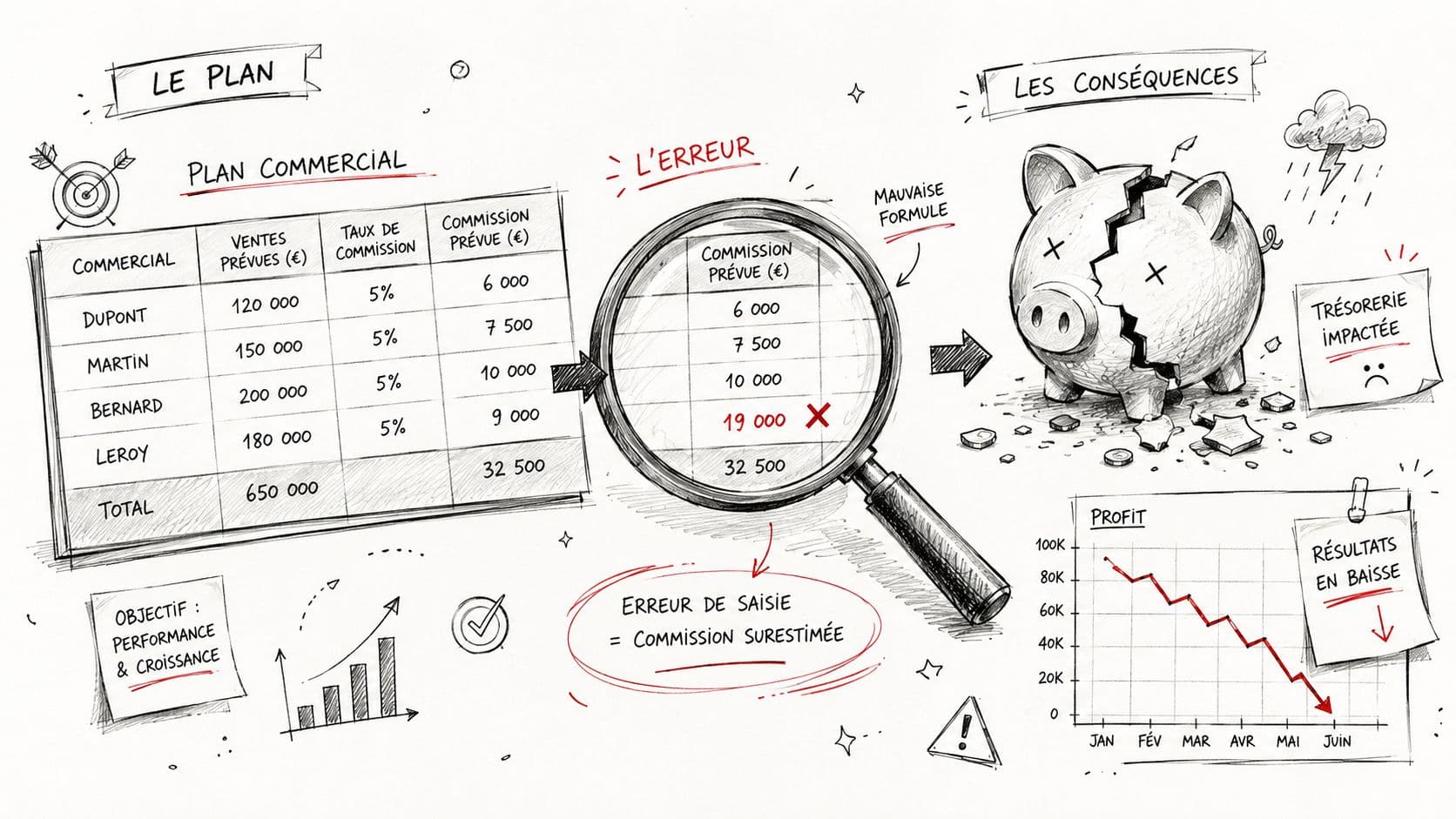Illustration montrant une erreur de calcul dans les commissions sur vente impactant négativement la trésorerie d'entreprise.
