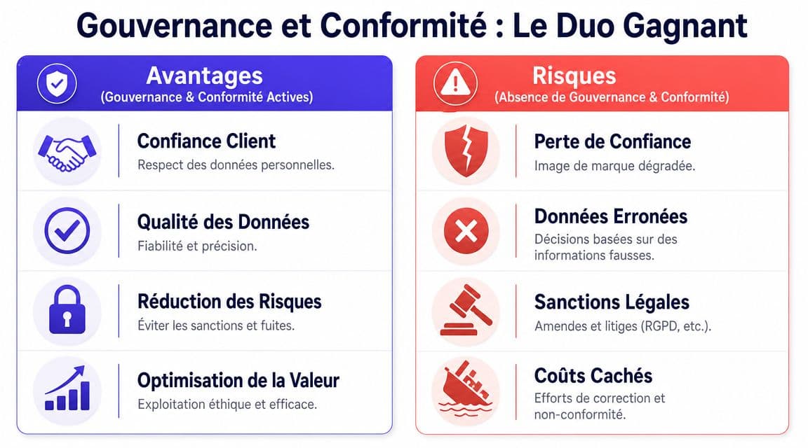 Tableau comparatif montrant les avantages de la gouvernance et de la conformité face aux risques encourus.