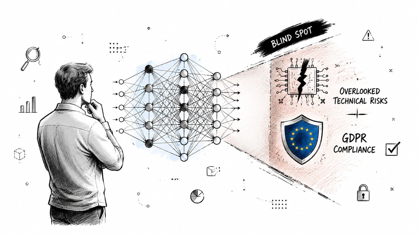 Un homme observant un réseau de neurones avec des zones aveugles concernant les risques techniques et le RGPD.