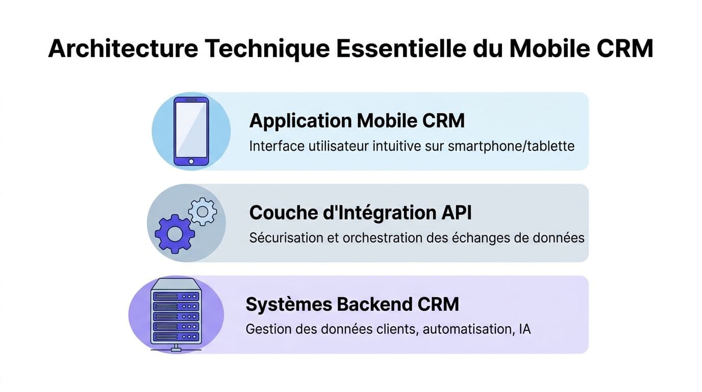 Schéma technique présentant les trois couches essentielles de l'architecture d'une application de gestion de la relation client mobile.