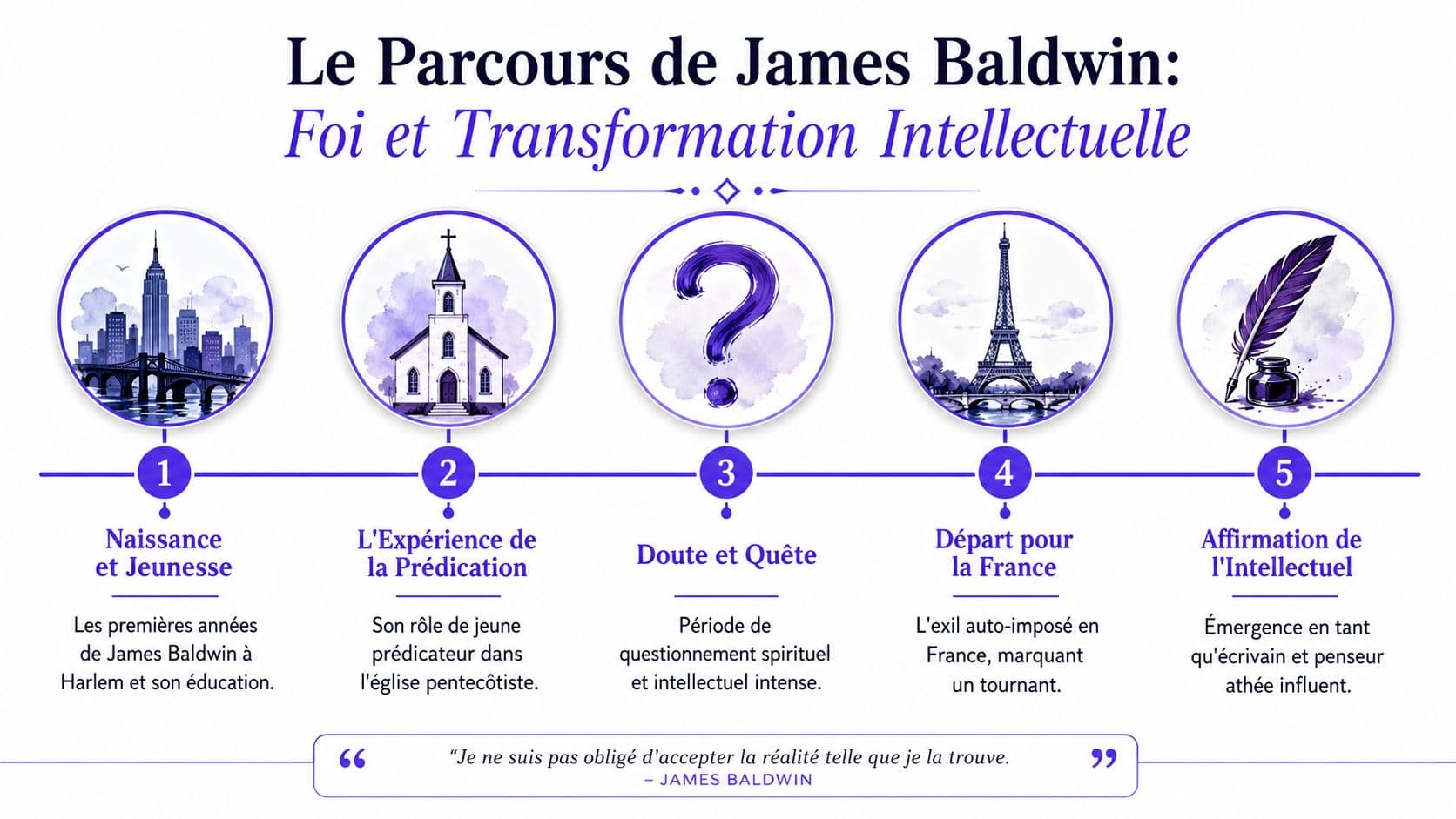 Une infographie chronologique illustrant les étapes clés de la vie, de la foi et du parcours intellectuel de James Baldwin.