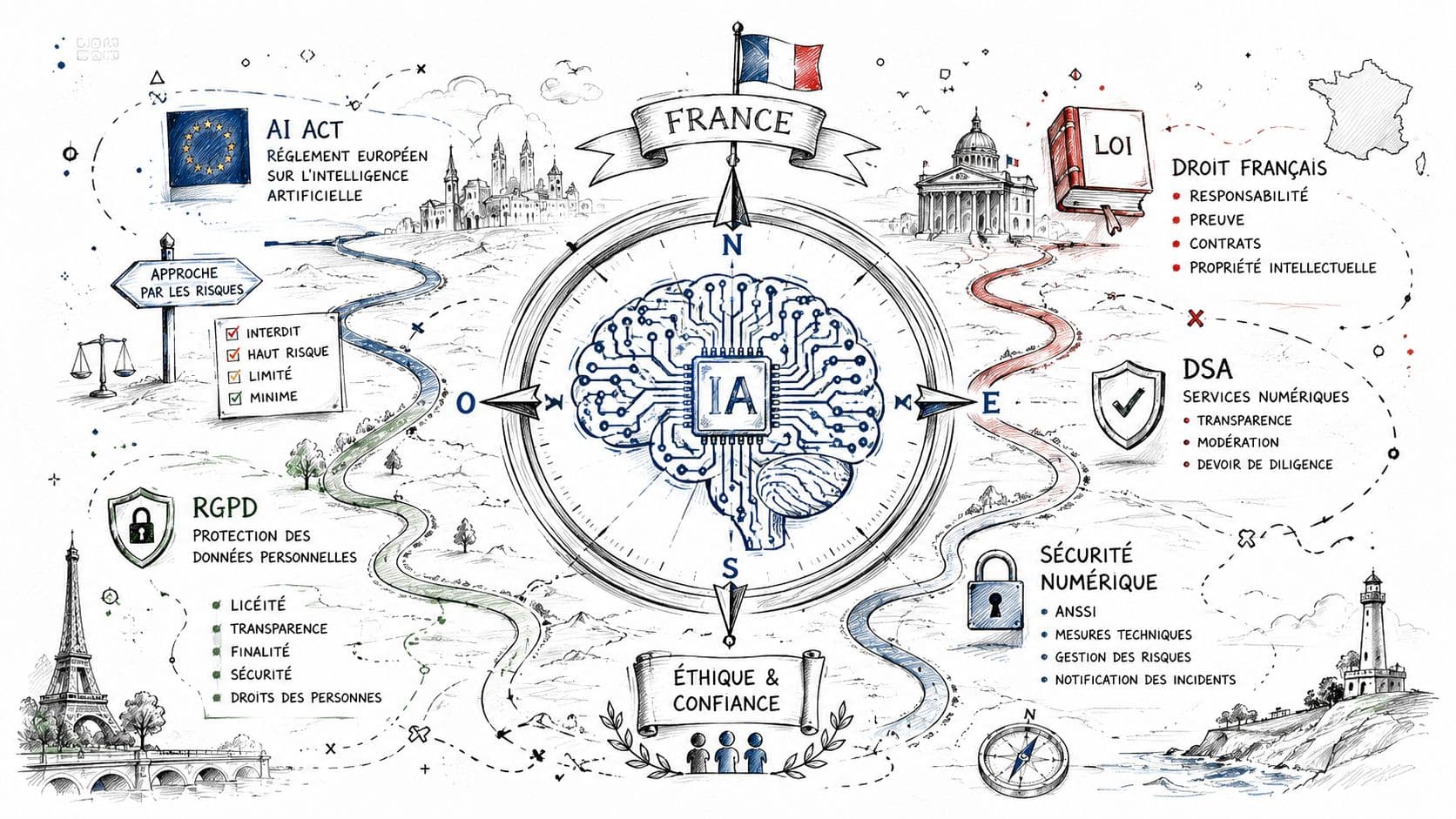 Une carte illustrée détaillant les cadres juridiques et réglementaires européens et français encadrant l'intelligence artificielle.