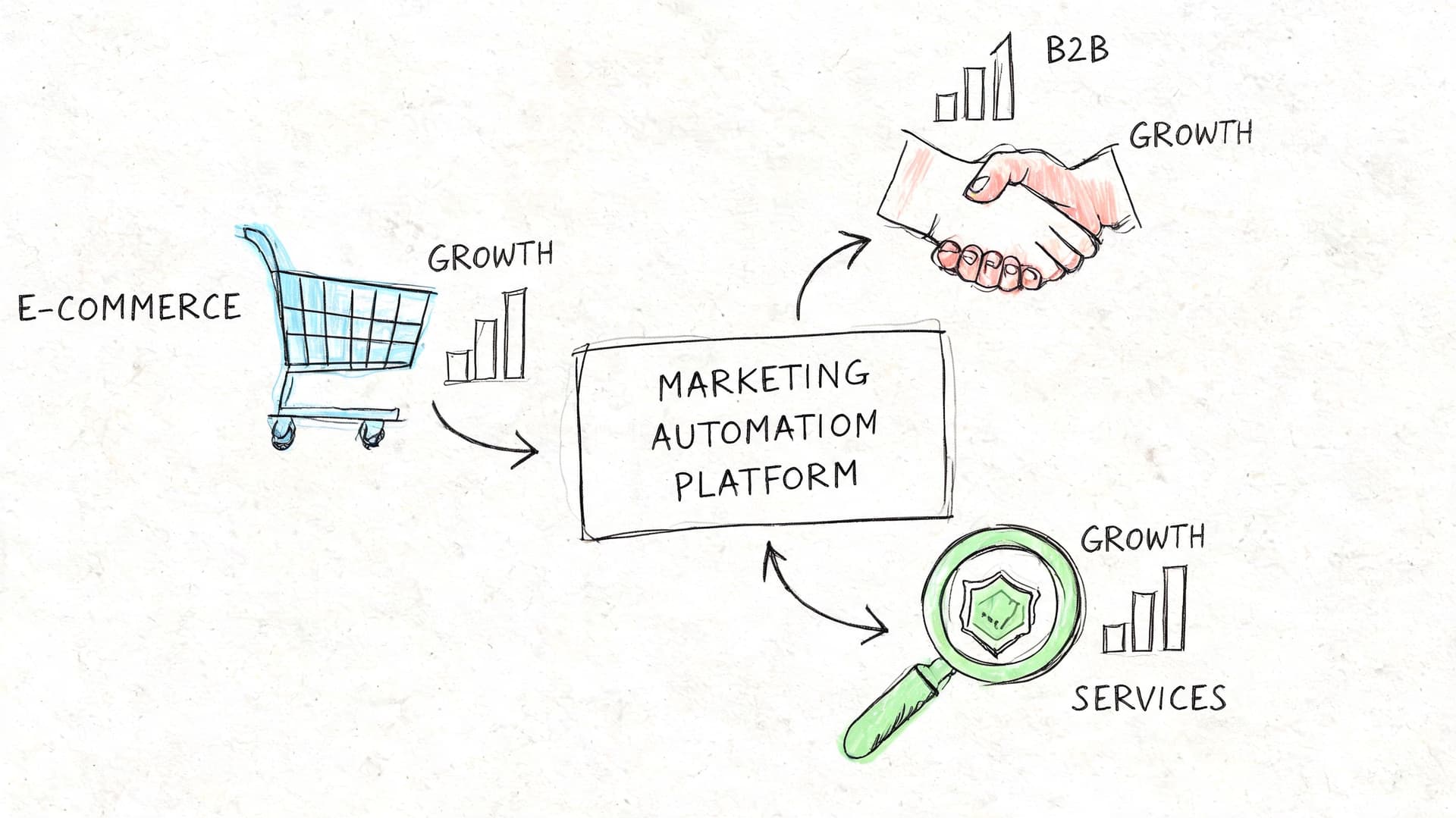 Schéma illustrant une plateforme d'automatisation marketing reliant le commerce électronique, les services B2B et la croissance commerciale.