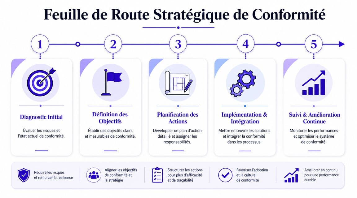 Une feuille de route stratégique illustrant les cinq étapes pour mettre en place une conformité réglementaire efficace.