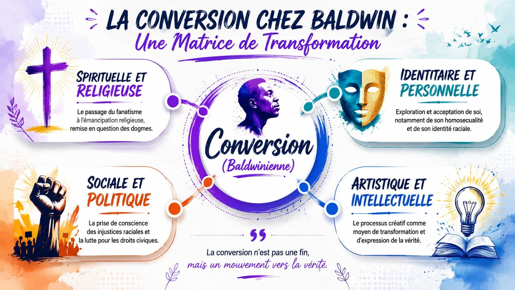 Une infographie détaillée illustrant la matrice de transformation et la conversion spirituelle, sociale et intellectuelle de James Baldwin.