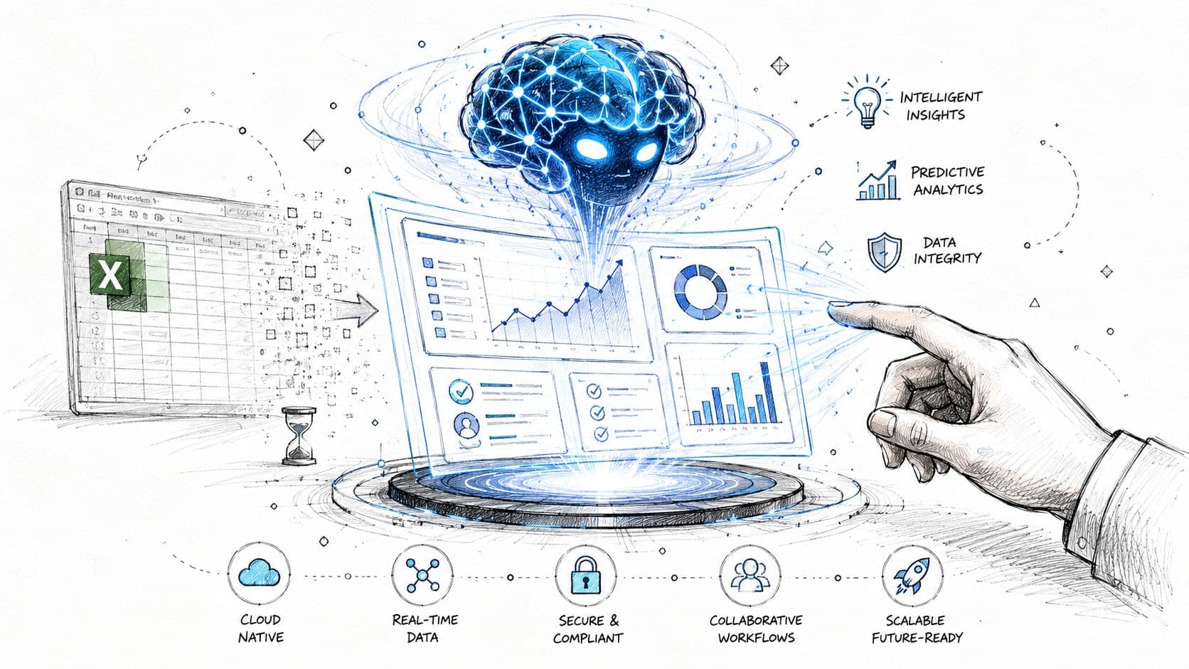 Illustration montrant l'utilisation de l'intelligence artificielle pour transformer des données brutes en analyses décisionnelles sécurisées.
