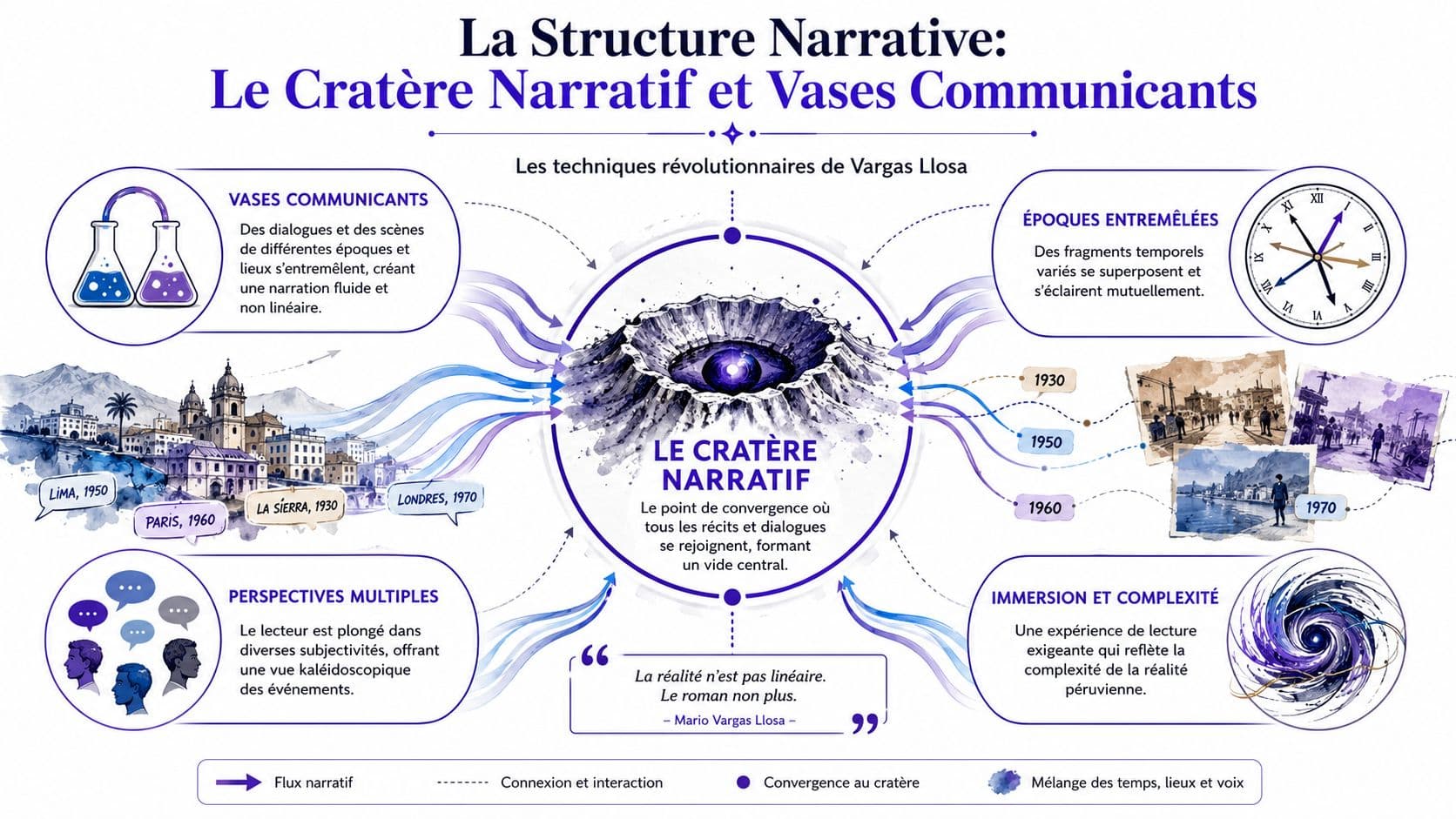 Schéma explicatif de la structure narrative du roman Conversation à la cathédrale de Mario Vargas Llosa.