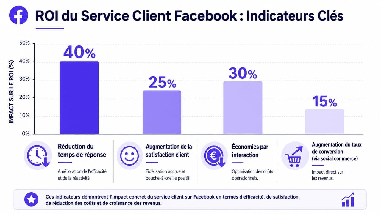Graphique illustrant l'impact du service client sur Facebook sur le retour sur investissement avec quatre indicateurs clés.