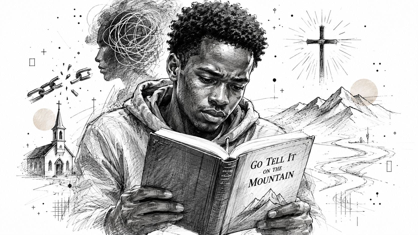 Un jeune homme lit le roman Go Tell It on the Mountain de James Baldwin, illustré avec des symboles religieux.