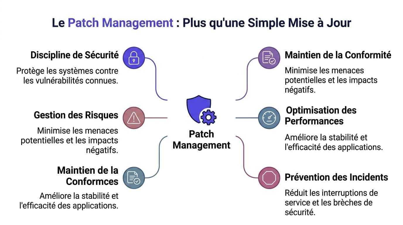 Schéma explicatif montrant les avantages du gestion des correctifs informatiques pour la sécurité et la performance.