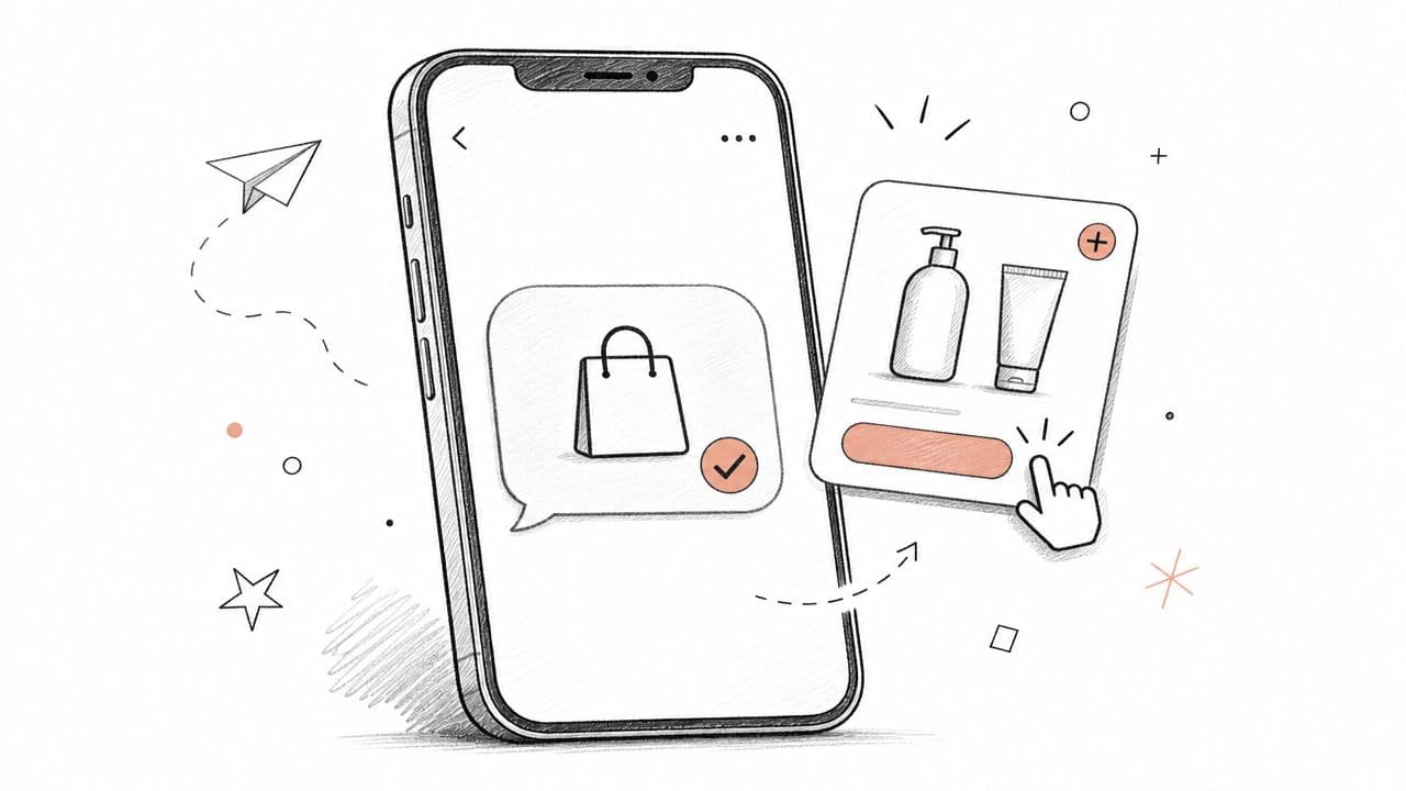 Une illustration au trait montrant un smartphone affichant un panier d'achat avec une sélection de produits cosmétiques.
