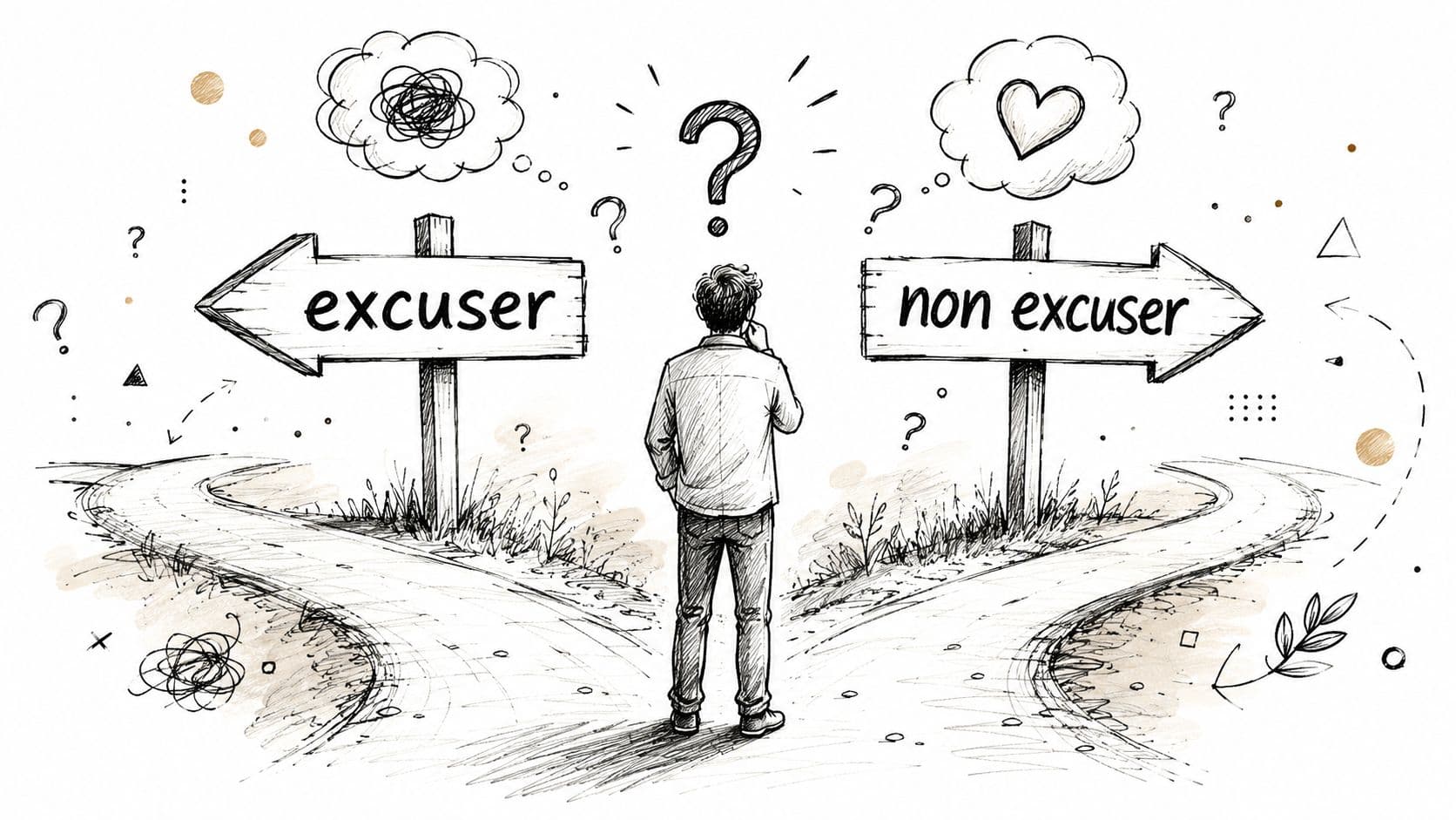 Une illustration d'un homme face à un carrefour avec les panneaux excuser et non excuser.