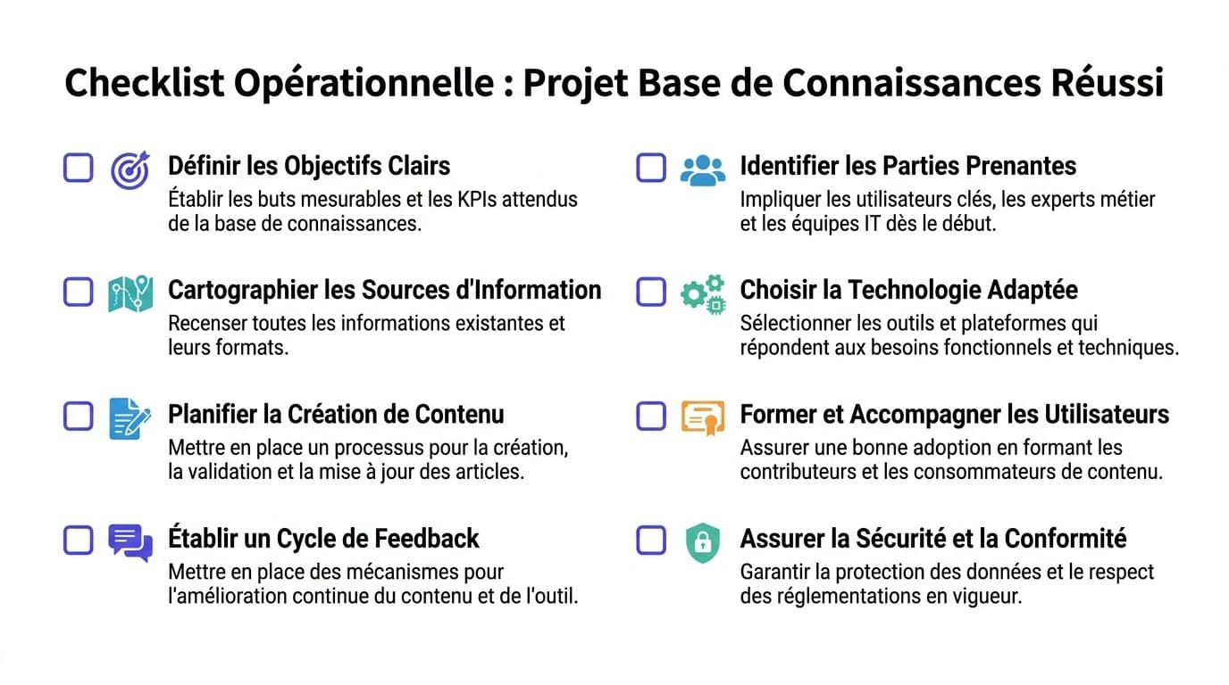 Une checklist opérationnelle pour réussir un projet de base de connaissances, détaillant huit étapes essentielles à suivre.