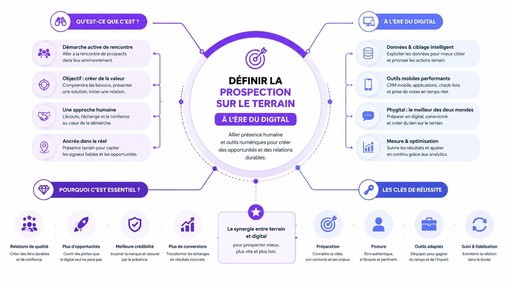 Infographie expliquant la stratégie de prospection commerciale sur le terrain combinée aux outils numériques modernes.