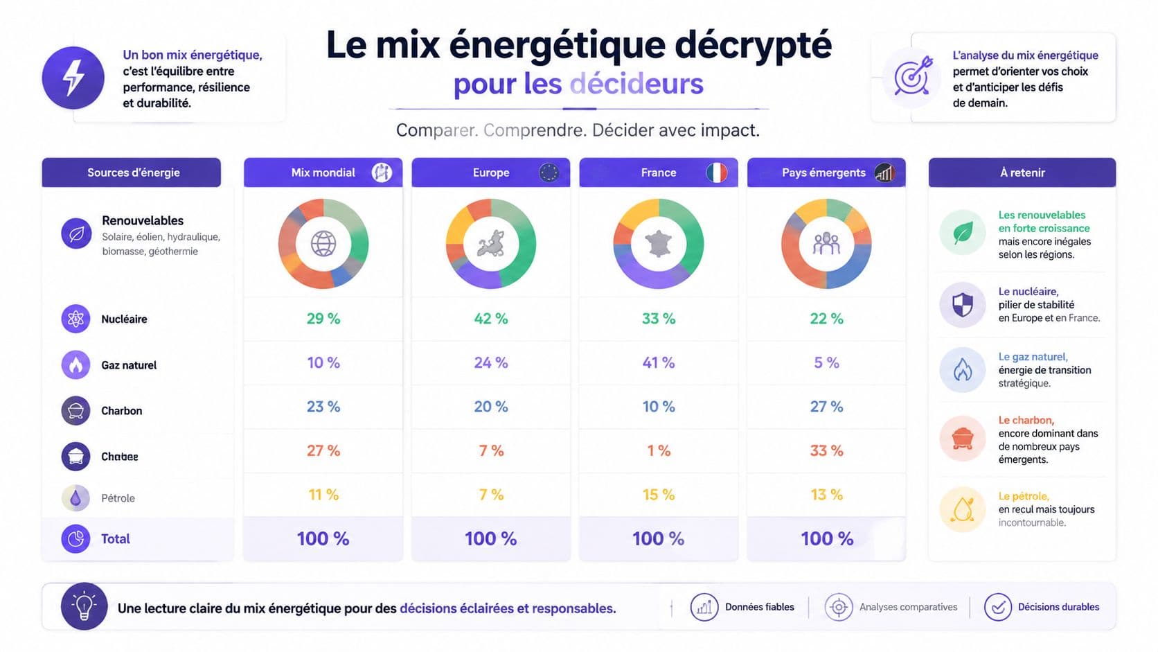 Tableau comparatif illustrant le mix énergétique mondial, européen, français et des pays émergents avec des graphiques colorés.