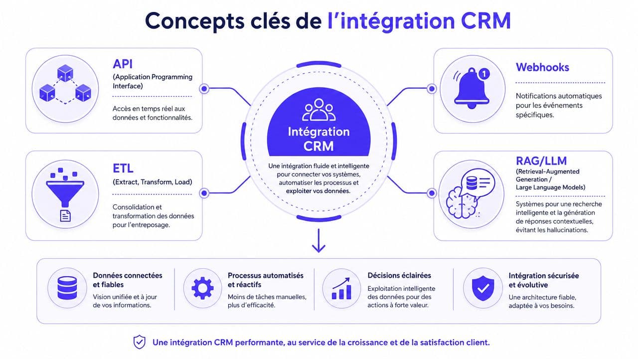 Schéma explicatif illustrant les concepts clés de l'intégration CRM, incluant API, ETL, Webhooks et modèles RAG/LLM.