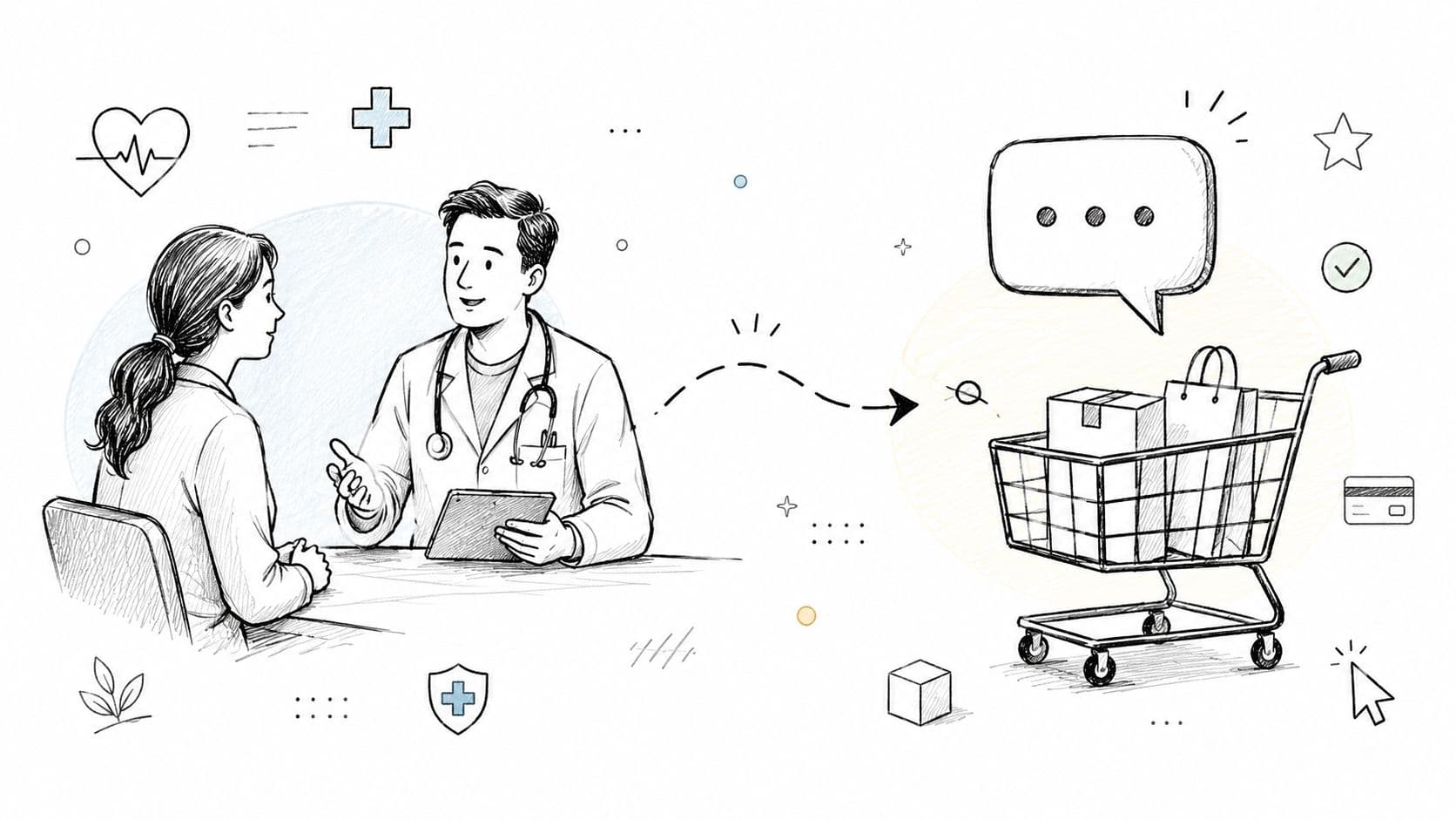 Une illustration d'un médecin discutant avec une patiente, avec un chariot d'achat symbolisant le parcours de soins