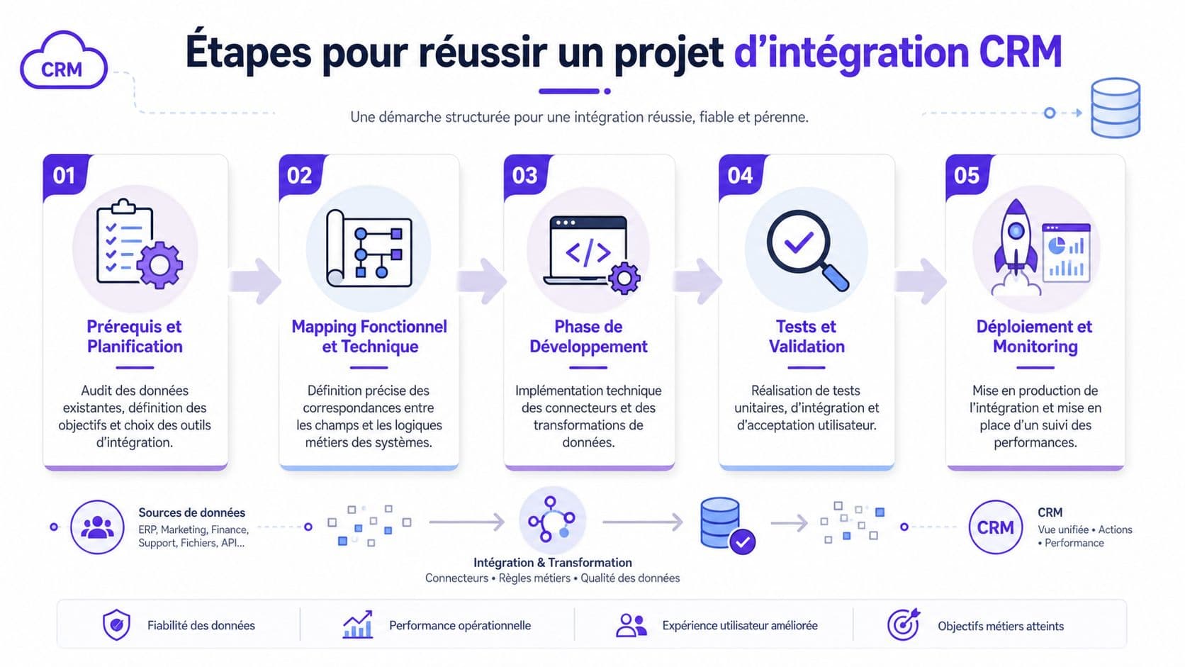 Infographie illustrant les cinq étapes clés pour réussir l'intégration d'un projet CRM dans une entreprise.