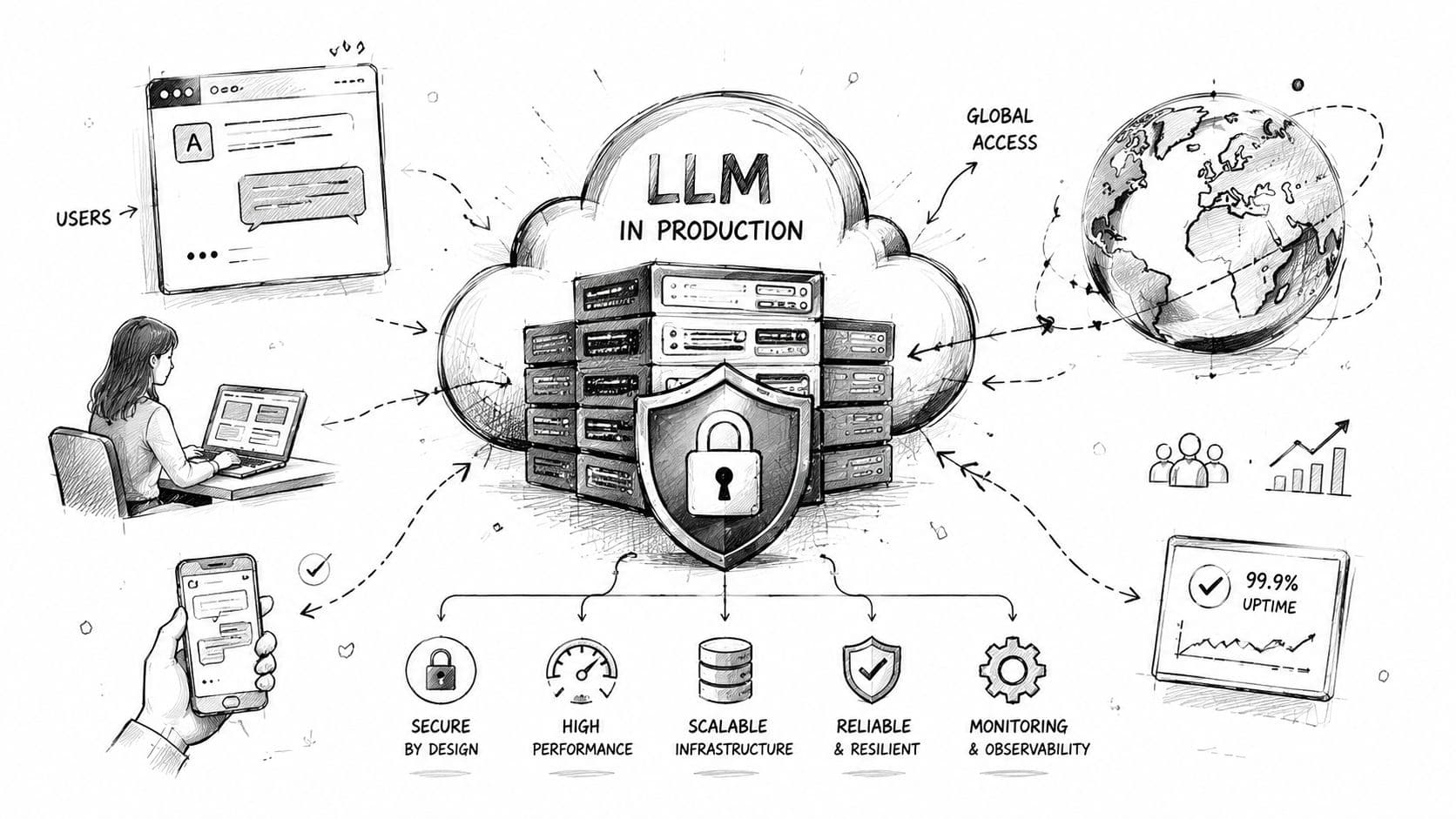 Schéma illustrant l'intégration sécurisée et évolutive des modèles de langage LLM dans des environnements de production informatique.