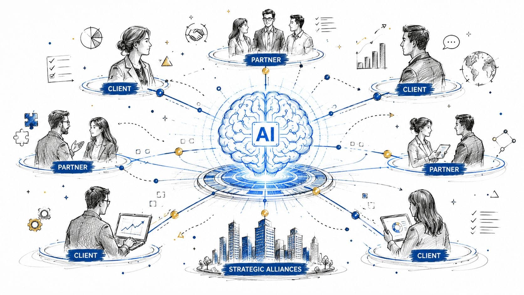 Illustration montrant une intelligence artificielle centrale connectée à plusieurs partenaires et clients pour la collaboration commerciale.