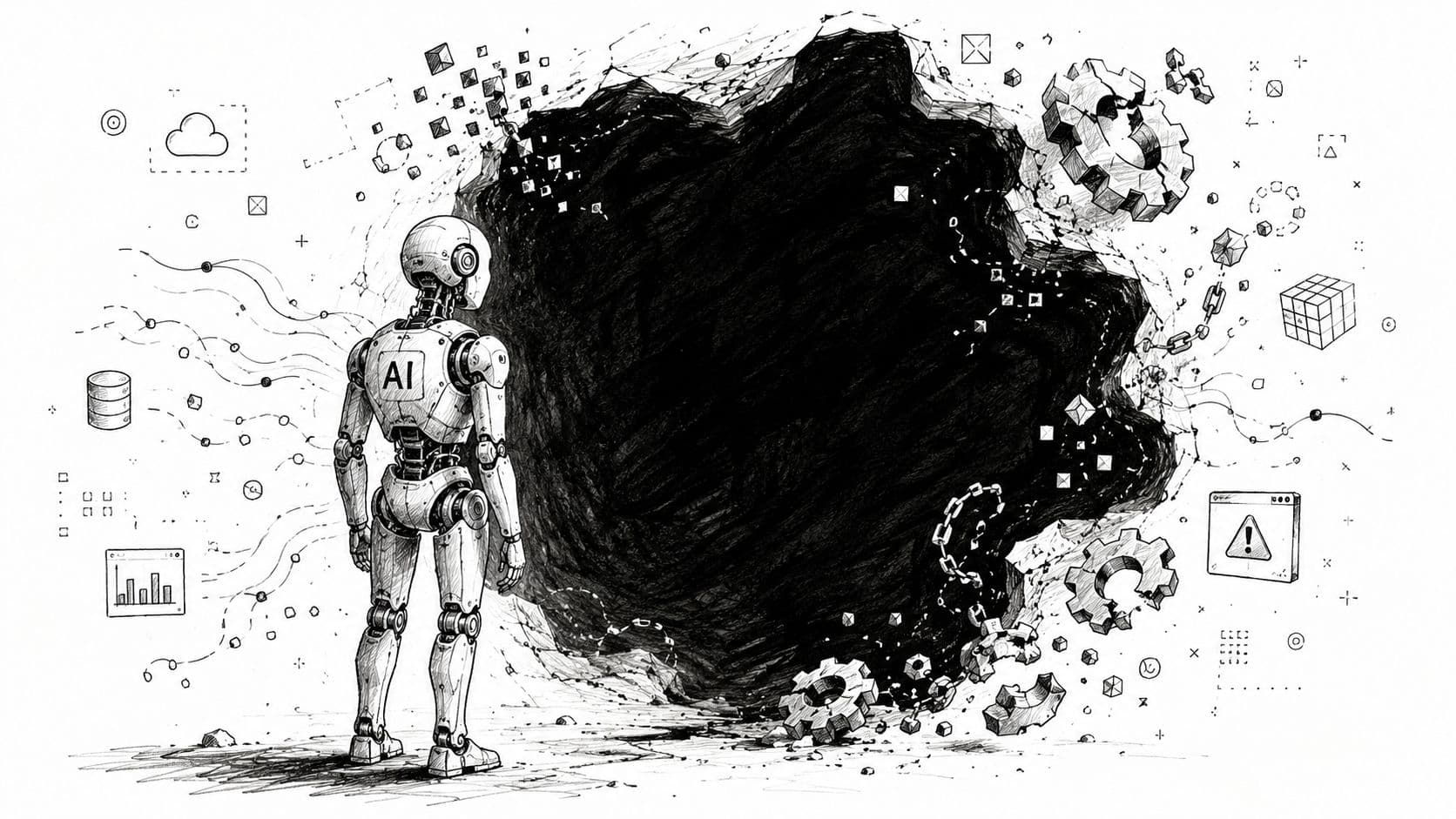 Un robot humanoïde fait face à une vaste faille sombre entourée de symboles technologiques et de données.