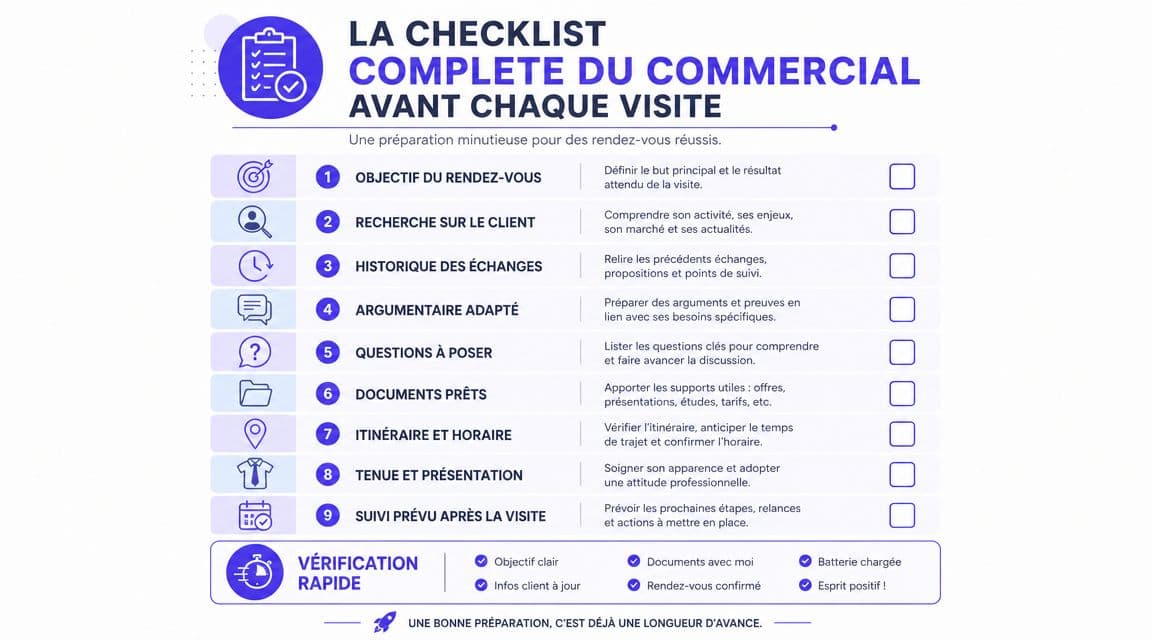 Une checklist illustrée pour aider les commerciaux à préparer efficacement chaque rendez-vous client avant une visite.