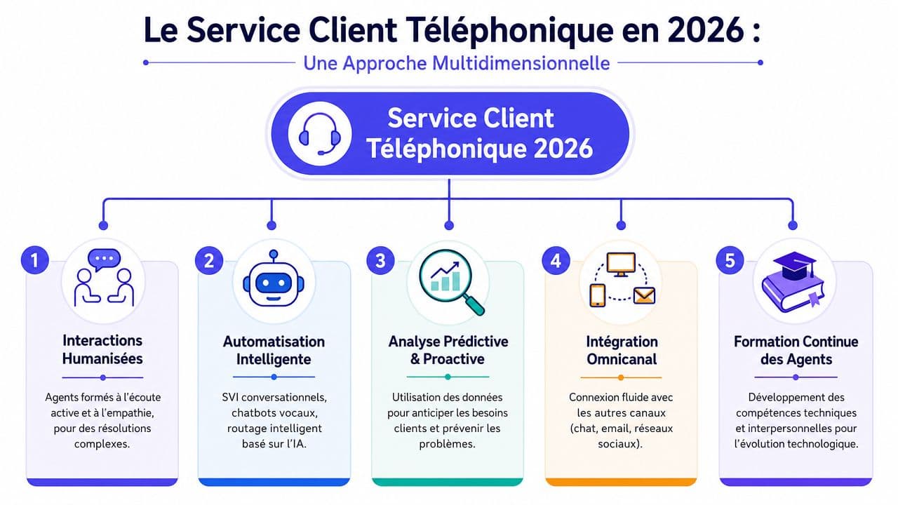 Une infographie illustrant les cinq piliers stratégiques du service client téléphonique pour l'année 2026.