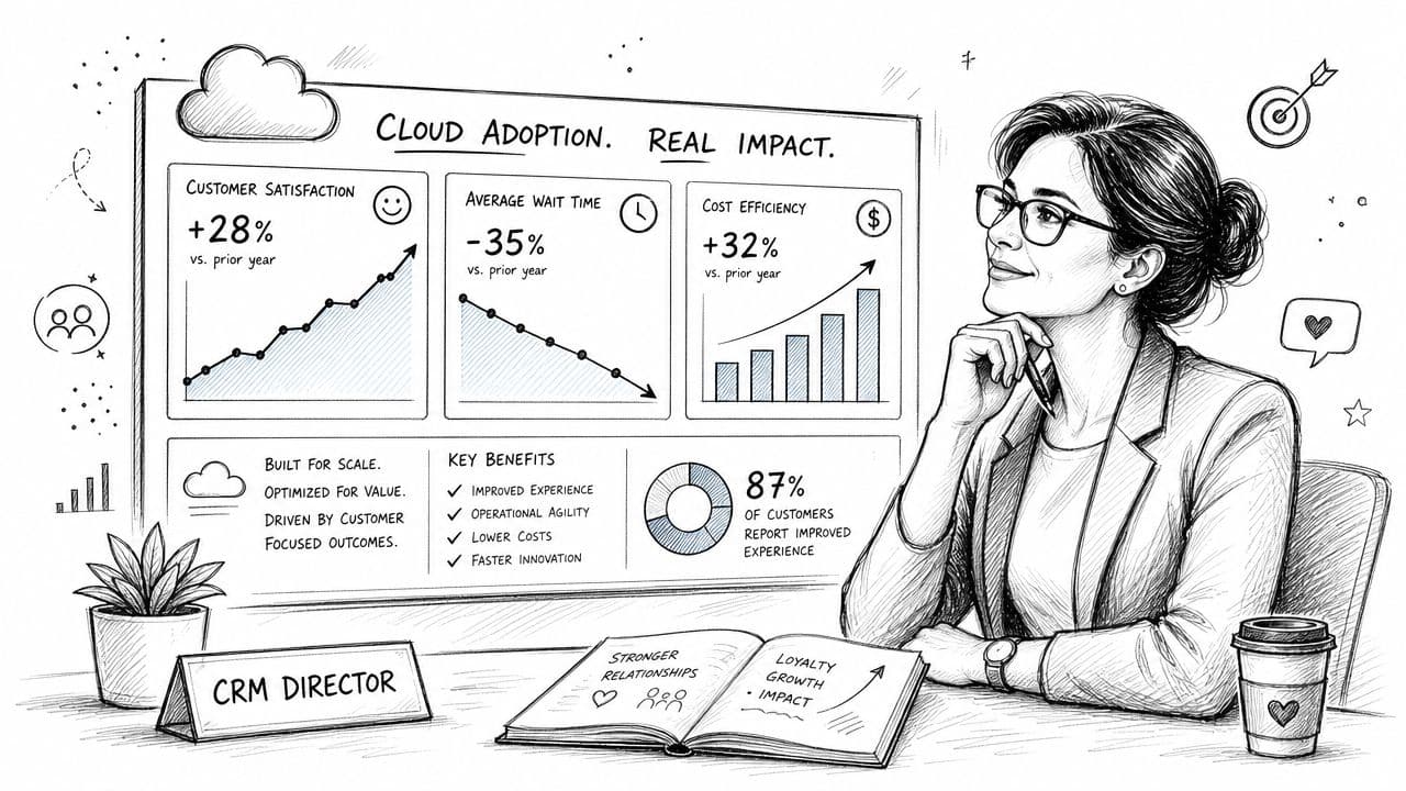 Une directrice CRM examine un tableau de bord illustrant les avantages stratégiques de l'adoption du cloud computing.