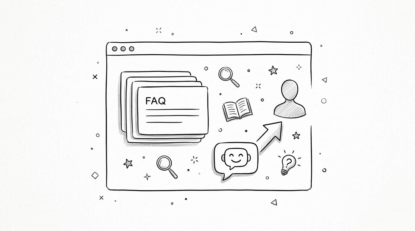 Illustration dessinée à la main montrant des outils d'assistance client tels qu'une FAQ, un chatbot et un humain.