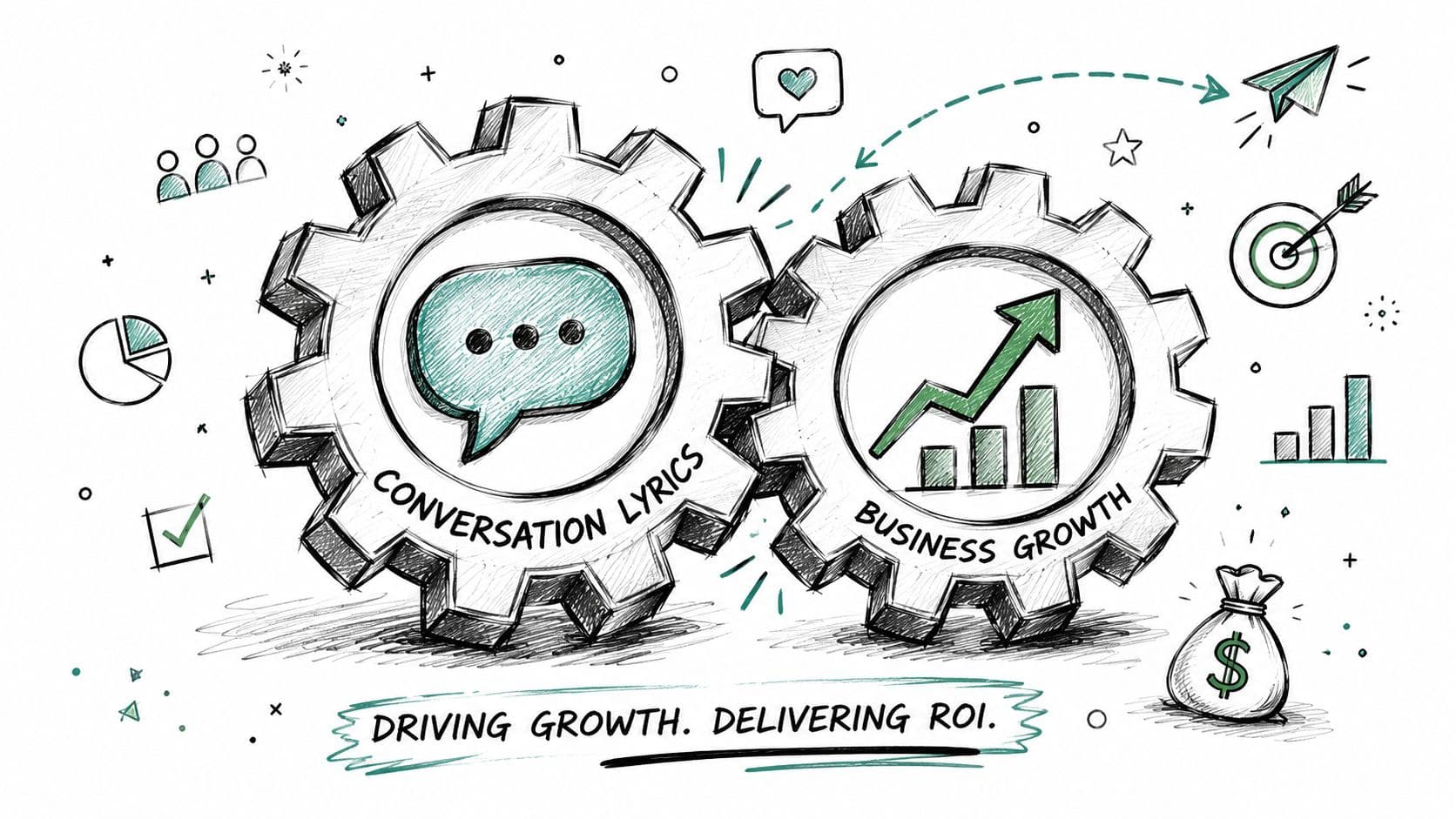 Illustration montrant deux engrenages connectés représentant la croissance des affaires stimulée par la conversation et les échanges.