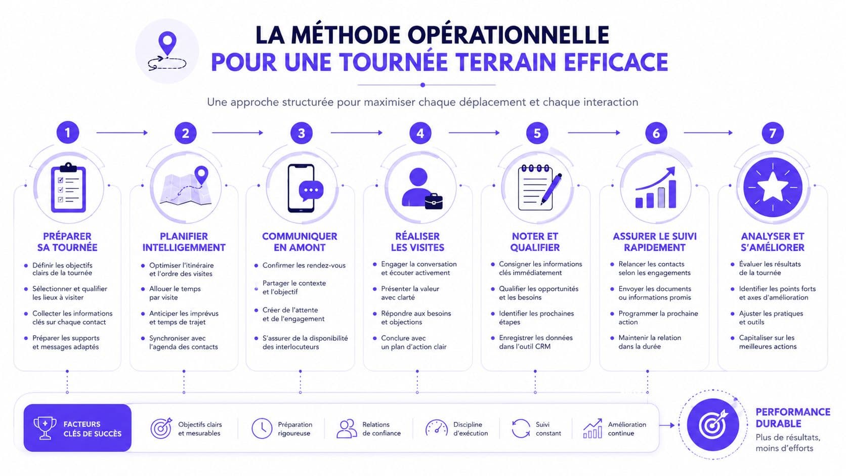 Une infographie détaillée illustrant les sept étapes d'une méthode opérationnelle pour réussir ses tournées de prospection sur le terrain.