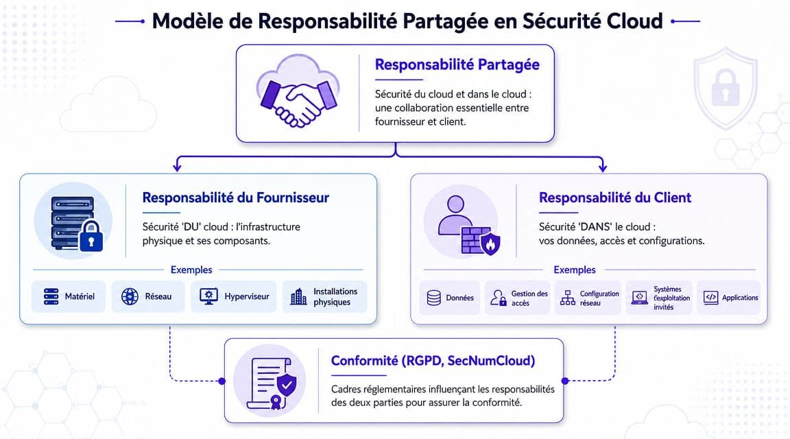 Schéma explicatif illustrant le modèle de responsabilité partagée en sécurité cloud entre le fournisseur et le client.